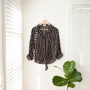 Lovecrazy Black and White Striped Button Up With Tie Front